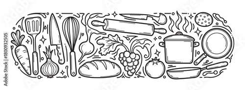 Hand-drawn doodle-style banner illustration featuring a collection of kitchen utensils, fresh vegetables, and food ingredients arranged in a black and white line art composition