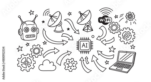 A vibrant doodle illustration featuring an interconnected network of artificial intelligence, robotics, data processing, and global communication symbols on a clean, light background