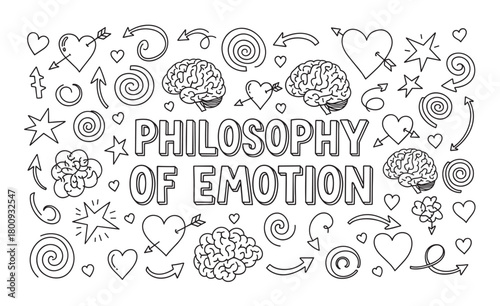 A conceptual black and white doodle illustration about the philosophy of emotion, featuring hand-drawn brains, hearts, and arrows on a clean white background