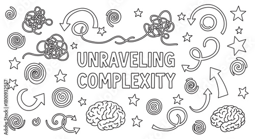 Conceptual black and white doodle illustration about unraveling complexity, with tangled lines, brains, arrows, and spirals representing creative thinking and problem-solving