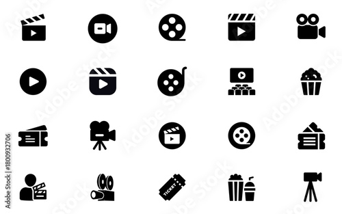 Cinema Icons Set, Movie, Camera, Film Reel & Clapperboard, Editable Stroke Vector