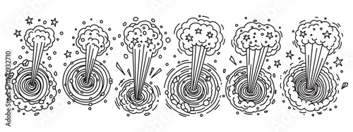 A collection of hand-drawn black hole illustrations in a doodle style, showing cosmic explosions with stars and smoke erupting from a space-time singularity on a white background
