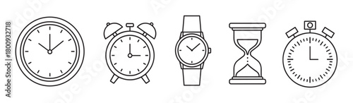 Collection of various timekeeping devices illustrated in a minimalist outline vector format, featuring a clock, alarm, watch, hourglass, and timer isolated on a white background