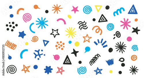 A vibrant collection of colorful, hand-drawn abstract shapes and doodles, including stars, spirals, and geometric forms, creating a playful and modern pattern on a light background