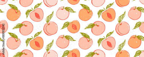 Seamless pattern with natural colored peaches or apricots. Crayon drawn fruits background. Pencil drawn funky fruits seamless banner for packaging design. Chalk, charcoal or pencil texture.