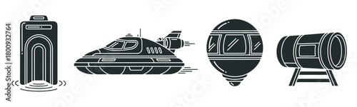 Bold black vector illustrations of sci-fi concepts like a flying vehicle, an escape pod, a futuristic portal, and a space station tunnel, presented as a minimalist icon set