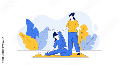Woman Undergoing Yoga Session With Assistant Guidance Demonstrating Correct Posture Practice