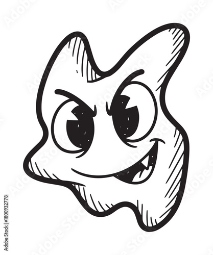 A mischievous amorphous cartoon character with an evil grin and big eyes, hand-drawn in a black and white doodle style and isolated on a plain background