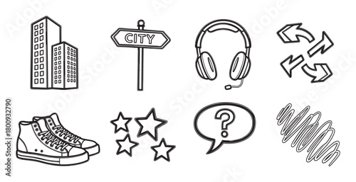 Creative collection of black outline icons in a doodle style, featuring city life, music, fashion, and communication symbols isolated on a white background