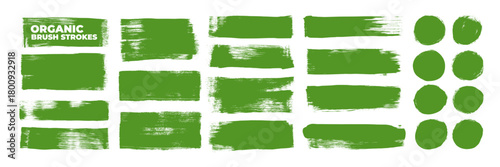 Green bold eco brush strokes and circle tags. Hand drawn nature-inspired badge design. Handmade seals and bold straight brush strokes for eco labels and tags. Vegan product stickers.