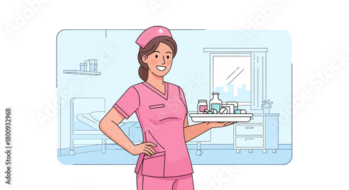 Smiling Nurse Presenting Medicine Tray In A Hospital Room Illustration Artwork