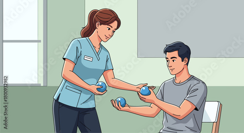 Therapeutic Exercise Session Depicting Medical Professional Assisting Patient With Rubber Balls