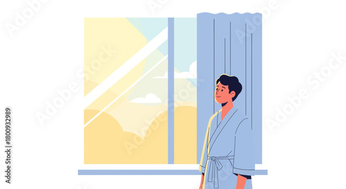 Young Man Gazing At The Sky Through The Window In His Morning Robe