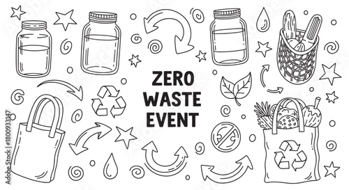 A collection of hand-drawn doodle icons promoting a zero waste event with reusable bags, glass jars, and recycling symbols in a black and white line art style on a white background