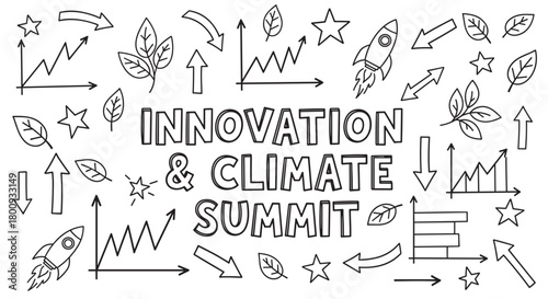 A conceptual black and white sketch banner for an innovation and climate summit, featuring hand-drawn icons like charts, rockets, and leaves to symbolize growth and ecology