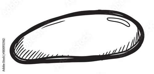 A simple black and white sketch of a single smooth stone, hand-drawn with ink lines and shading, isolated on a clean white background for a minimalist natural concept