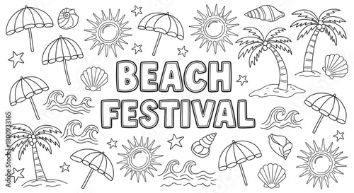 Beach Festival text surrounded by hand-drawn summer doodles like palm trees, suns, and umbrellas, a black and white coloring page style illustration for a fun, tropical vacation theme