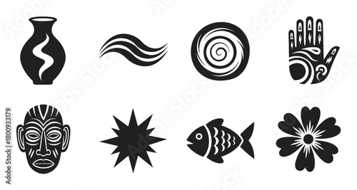 A diverse set of black silhouette icons featuring ancient and tribal motifs such as a mask, patterned hand, vase, and natural elements like a fish, flower, and wave symbol