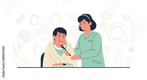 Woman Assists Boy With Mealtime, Offering Food and Encouragement for Dining