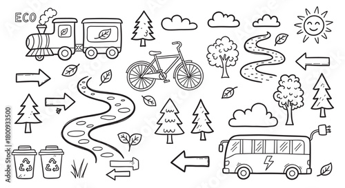 Set of hand-drawn doodle icons featuring eco-friendly transportation like an electric bus and bicycle, with nature elements and recycling symbols for a sustainable living concept