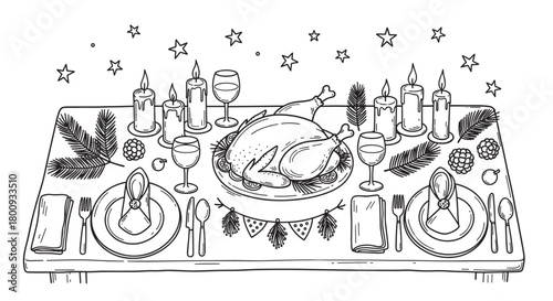 A hand-drawn line art illustration of a festive holiday dinner table set with a roasted turkey, lit candles, wine glasses, and traditional decorations, viewed from above