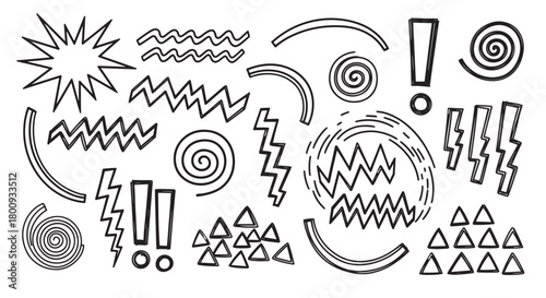 Expressive set of hand-drawn abstract shapes and comic book style symbols like explosions, zig-zags, and exclamation marks, creating a dynamic and energetic design collection