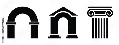 Architectural icons set  of rounded archway, portico entrance, and ionic column, representing classic, roman, greek, and historical design