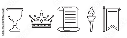 Set of medieval fantasy icons including a royal crown, chalice, ancient scroll, flaming torch, and banner, illustrated in a minimalist black line art style on a white background
