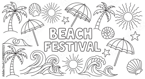 A collection of hand-drawn doodle icons for a beach festival theme, featuring palm trees, suns, waves, and umbrellas in a simple black and white line art style for coloring