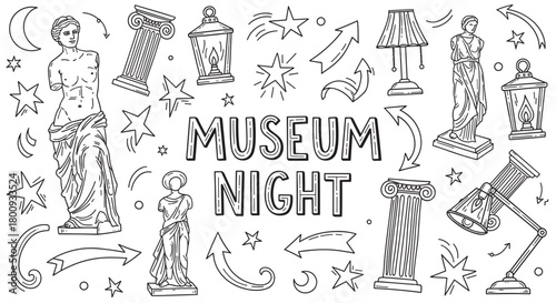 Playful hand-drawn doodle set with the text "Museum Night" surrounded by ancient statues, columns, lanterns, and stars, illustrating a fun cultural event concept