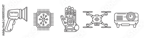 Set of high-tech device icons rendered in a clean outline style, showcasing a temperature gun, computer chip, haptic glove, drone, and a multimedia projector isolated on white