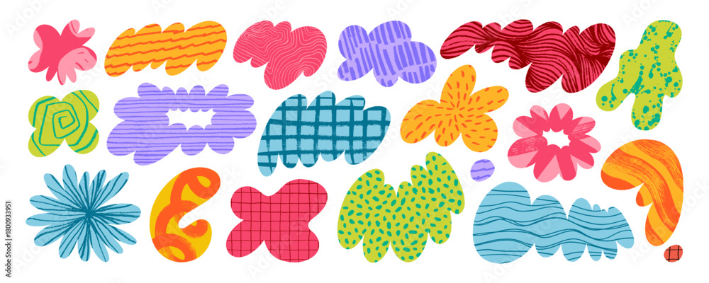 © Anastasiia Hevko - Colorful organic irregular forms and shapes with crayon drawn patterns, doodle and scribbles. Inky colorful blobs, y2k style collage stickers. Hand drawn wavy cloudy shapes with textures.