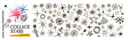 Cutout irregular star shape stickers with chalk scribbles and crayon patterns. Asymmetrical starlike forms for scrapbook design, zine collages and retro comic design. Hand drawn rough textures.
