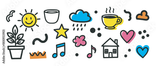 Set of various simple and cute doodle illustrations representing daily life, weather, and positive emotions, featuring a sun, house, heart, and music notes in a naive art style