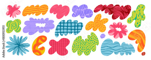 Colorful organic irregular forms and shapes with crayon drawn patterns, doodle and scribbles. Inky colorful blobs, y2k style collage stickers. Hand drawn wavy cloudy shapes with textures.