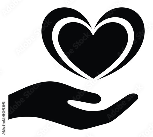 Hand holding a stylized heart icon, symbolizing care, giving, love, donation, charity, kindness, health, and compassion concepts