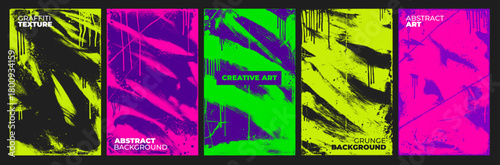 Punk grunge neon poster background with text place, paint splatters and drips. Graffiti spray paint effect, halftone texture background. Bold wavy brush strokes, urban street art punk template design.