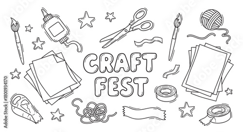 A black and white doodle illustration set for a craft festival, featuring various art supplies like scissors, glue, paper, and yarn on a clean isolated background