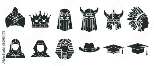 A diverse collection of black silhouette icons representing various cultural, historical, and professional headwear, including royal crowns, warrior helmets, and traditional hats