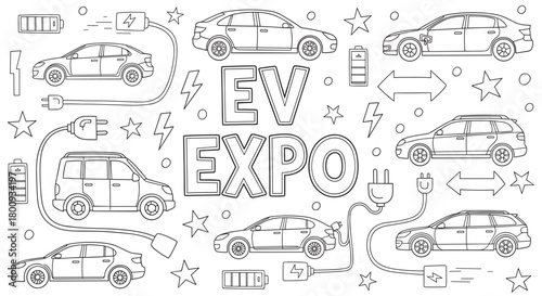 A hand-drawn doodle illustration set for an EV expo, featuring various electric cars, charging stations, plugs, and batteries in a black and white coloring page style