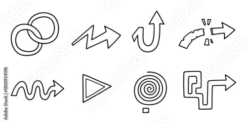 A collection of various hand-drawn black and white arrows and symbols in a doodle style, representing concepts of direction, movement, process, and navigation on a clean white background