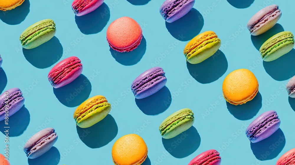 Obraz premium Colorful Macarons Repeat Pattern on Blue Background, Dessert Graphic Design Creative Material 