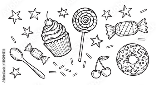 Whimsical assortment of hand-sketched dessert icons, including a cupcake, lollipop, donut, and cherries, presented in a clean, monochrome, vintage-inspired line art style