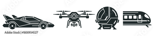 A set of black silhouette icons representing future transportation technology, including a concept car, a drone, a personal pod, and a high-speed train, isolated on a white background