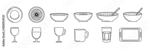 A collection of minimalist black line art icons representing various tableware and kitchenware items like plates, bowls, glasses, and a tray, isolated on a white background