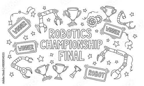A doodle-style black and white illustration celebrating a robotics championship final with outlined drawings of mechanical arms, winner cups, gears, and stars in a fun pattern