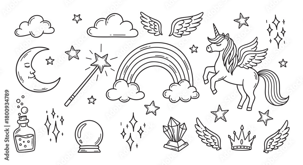 Naklejka premium A charming collection of hand-drawn magical and fantasy elements, including a unicorn, rainbow, moon, and stars, in a simple black outline doodle style on a light background