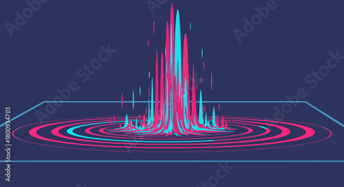 Dynamic abstract visualization of digital data flow with vibrant pink and blue lines radiating upwards from a central point, creating an energetic futuristic display.