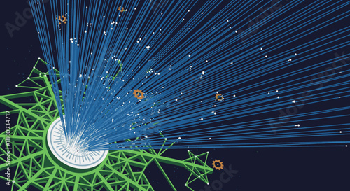 An intricate abstract representation of advanced scientific data processing, featuring luminous blue rays and a complex green network structure.
