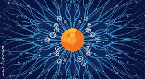 Abstract illustration of a central orange core radiating blue neural pathways and gears, symbolizing complex technology and interconnected systems.